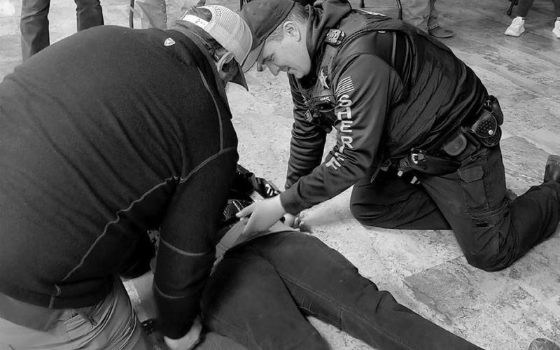 First Responders from several area communities and counties participated in specialized Tactical Emergency Casualty Care (TECC) training in Timber Lake, designed to enhance their ability to provide critical, life-saving care in high-risk situations. Above, Shad Bollinger, Bailey Keller and Chandler Ross perform an exercise as part of the training program.