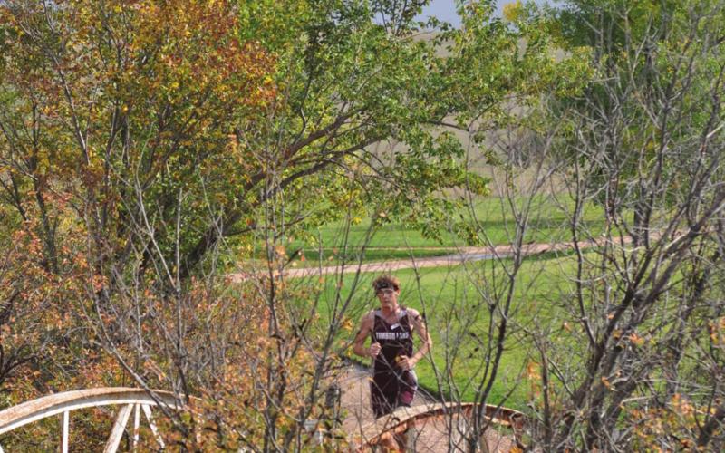 Timber Lake senior runner Ethan Farlee crosses a bridge surrounded by colorful fall foliage during the Philip cross country meet.
