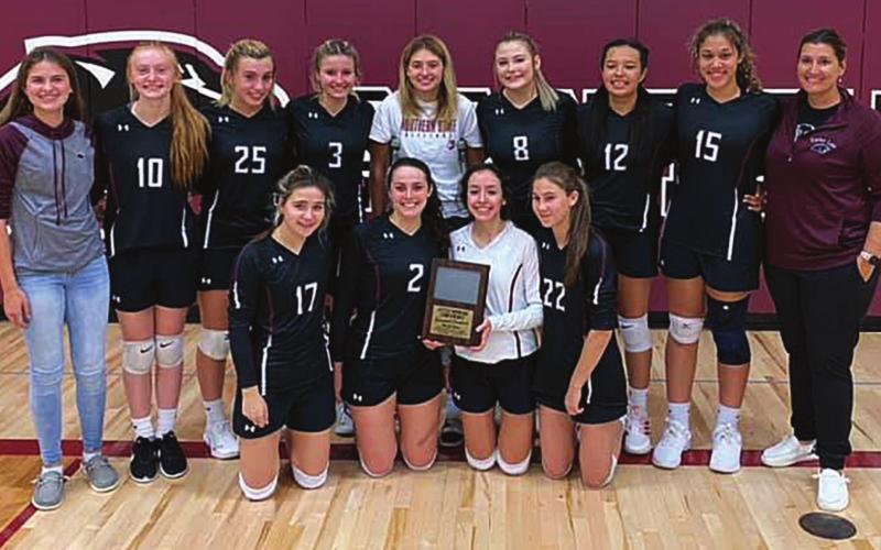 Conference tournament champion Panthers FRONT: Natalie Gross, Maci Maher, Rachel Toviah, Natalie Lawrence; BACK: Meredith Maciejewski, Jordan Jones, McKenzi Vomacka, Carlie Lawrence, Shay Kraft, Kenna Webbb, Kessa Bigger, Jasmine Nash, coach Megan Bickel. Courtesy Photo