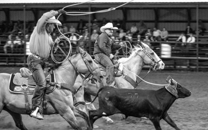 Colt Peterson, Isabel, and JJ Hunt, Ridgeview, competed in team roping at Isabel.