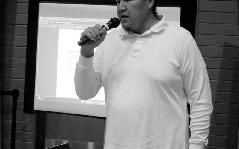 Ryman LeBeau, Chairman of the Cheyenne River Sioux Tribe, discusses the Touch the Clouds development at an information meeting in the CRST Cultural Center last week following a traditional blessing at the site of the development. Photo by Jon Flatland