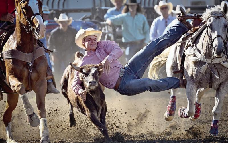 Braydon Terveen-Smith of Lantry, a member of the Dupree High School Rodeo Club, improved his time each time out of the gate to win the South Dakota State High School steer wrestling championship last weekend in Ft. Pierre. Terveen-Smith, a 2025 graduate of Dupree High School, also qualified for the National High School Finals Rodeo slated July 13-19 in Rock Springs, WY. Photo courtesy of Chuck Miner
