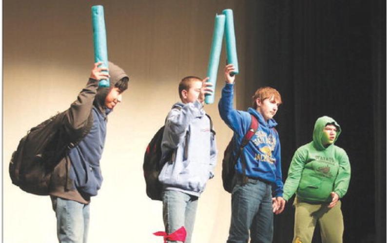 PICTURED: ABOVE LEFT: The Three Amigos - Jaylee Schoelerman, Katelyn Biegler, and Ruby Maher. ABOVE RIGHT: Anna Kraft and Paige Marshall of The Five Outcasts. RIGHT: Delta Force performing “Ghostbusters.” (L-R) Xavier Sanchez, Thomas Holzer, Jack Hornick, Brady Maher.