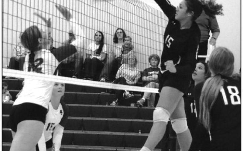 Timber Lake’s Jasmine Nash (15) hammers a spike during recent volleyball action against Harding County. The Lady Panthers improved to 2-1 overall this week and will play in an invitational tournament in Mobridge on Saturday, Sept. 9. Photo by Jon Flatland