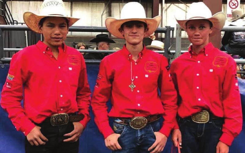 Advancing to the National Jr. High Finals Rodeo in Des Moines, IA next month were Mark Sandquist of Trail City, Wynn Lawrence of White Horse and Hayes Burress of Isabel. Photo by Patty Jo Burress