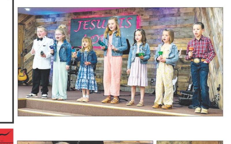 The K4J choir from Holy Cross Church performed at the annual Spring Sing Sunday evening at New Hope Church. L-R are Isaac Schweitzer, Rose Maher, Harper Biegler, Elyse Parker, Kiernan Biegler, Brie Parker, and Gunner Wright.