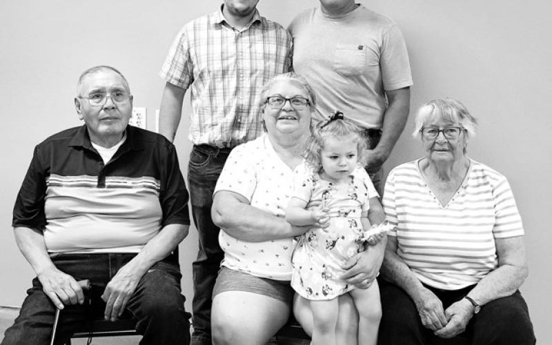 Baby Hope Gracelyn Schuchhardt–Hoyt, held by great-grandma Ethel Hill, is the fifth generation of her family. At right is great-great-grandma Estelle Cook. In back are Teigan Schuchhardt (father) and Adam Schuchhardt (grandfather). At right is Ethel’s husband, John Hill.