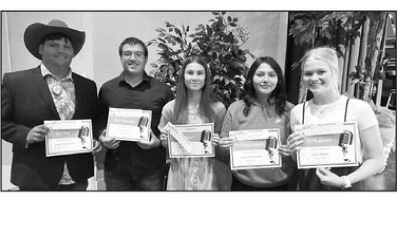 Awards presented by English teacher Megan Bickel: (l-r) Hadley Thompson (Best Poet), Dan Peterson (Most Improved), Natalie Lawrence (JOY), Jaymee Archambault (Resilience), Hailey Roggow (110%). Natalie also received an award for the Smarter Balance Highest Achieving ELA (English Language Arts/Literacy) score.