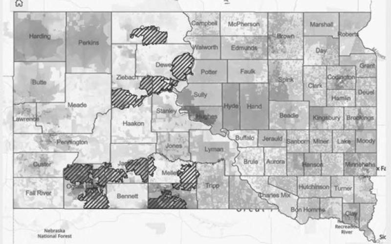 Dark areas on this map of South Dakota indicate regions considered “legal deserts” due to a lack of attorneys and other factors.