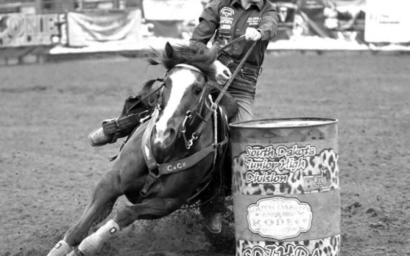 CeCe Cowan of Eagle Butte, shown here competing in barrel racing, won the South Dakota State Jr. High School pole bending title over the weekend in Rapid City and will represent Team South Dakota at the National Jr. High Finals Rodeo later this year. Submitted Photo