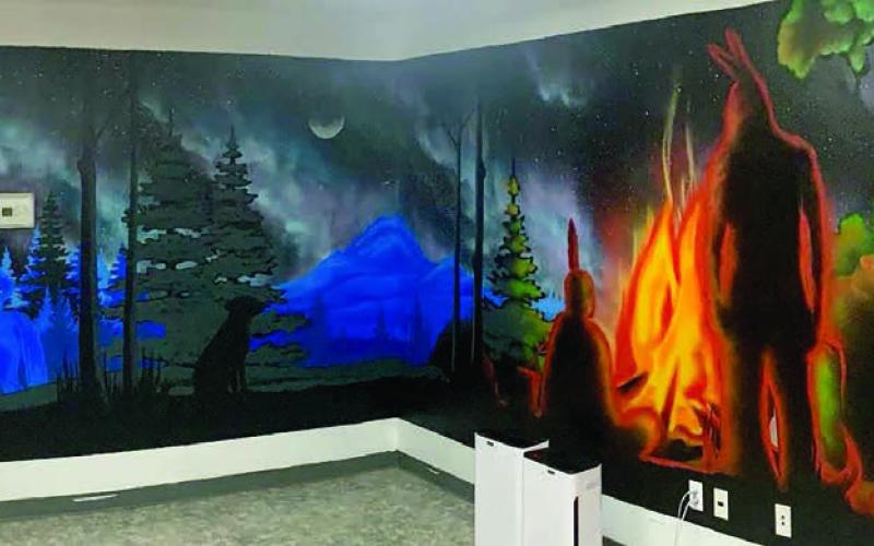 The scenes on the walls of the conference room at the CRST Wellness Center in Eagle Butte were recently completed by local artist Leland Bryan. Bryan’s work can be found at other locations as well, including the University of Wyoming Art Museum.