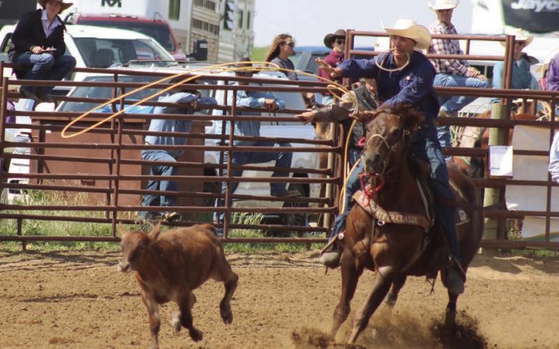 Left, Hayes Burress of Isabel throws his loop while competing in the calf roping event at the South Dakota High School Rodeo Association’s Northwest Region Rodeo on Saturday, and Sunday, June 14-15, in Dupree. Burress qualified for the State HS Finals Rodeo in calf roping and team roping. Photo by Jon Flatland