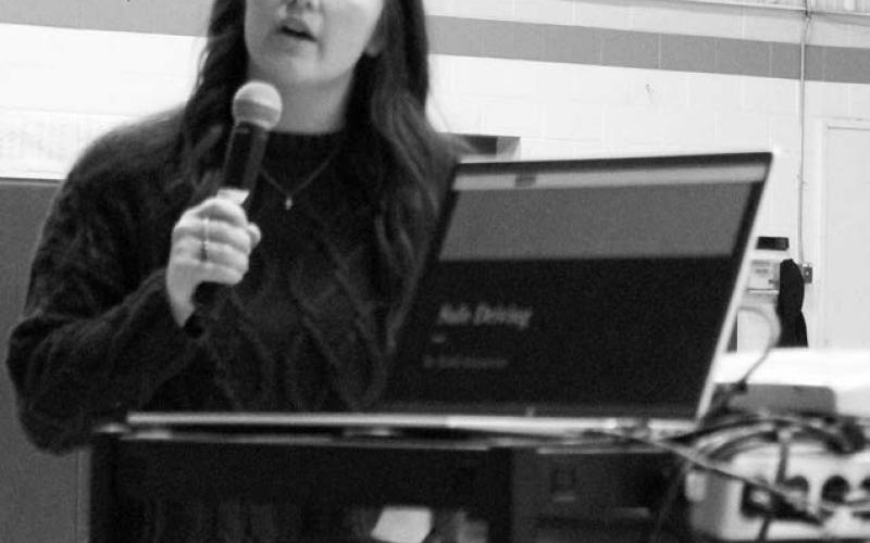 Bobbi Kammerer, 22, of Philip gave a presentation on distracted driving to Dupree School students recently. She is required to make presentations as part of her court sentence for causing a fatal accident while distracted driving. Photo by Patty Peacock