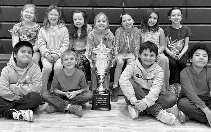 Attendance All Stars for January, with 93.74% attendance: Sierra Kraft’s 2nd Grade Class: FRONT (L-R): Leon Shoots the Enemy, Andew Zeug, DW Scholtz, Eleazar Reichert; BACK: Doly Goldade, Remington Schott, Bexley Dupris, Elsie Maher, Kinzlee Martin, Cora Wiedmer, Millie Brown Otter. Not pictured: Kian Rousseau.