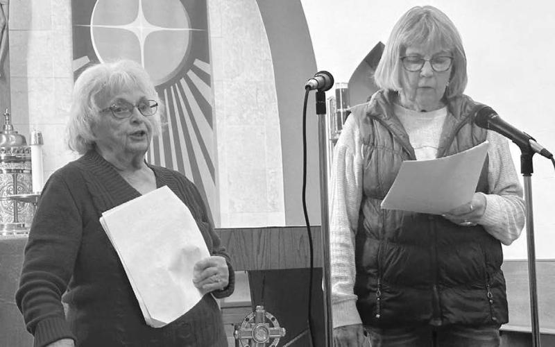 Pat Kjellsen (left), Adele Enright (right) and Jayne Pfeifle (not pictured) did a Readers Theater piece featuring Stuart, the Bethlehem innkeeper who had no vacancy, except a barn.