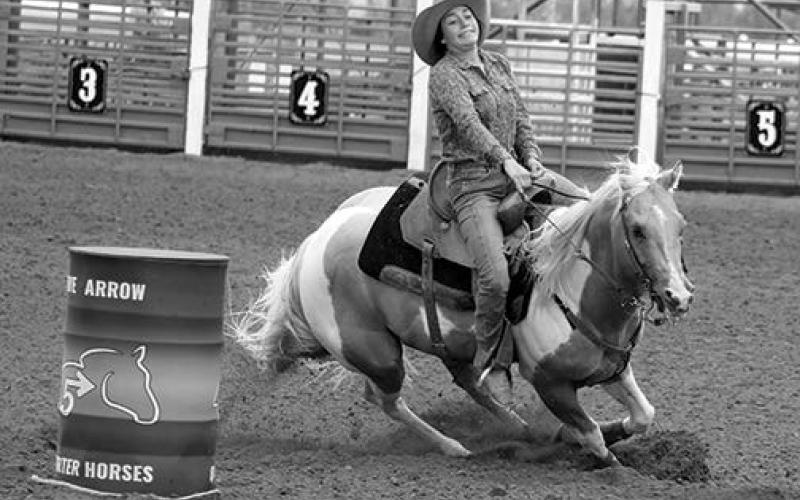Calby Farlee of Dupree competes in barrel racing during the slack performance at the Isabel Rodeo on Sunday, Aug. 4. See more photos from Isabel’s celebration and rodeo on the Topic Facebook page. Photo by Jon Flatland
