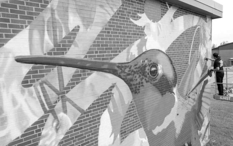 Longtime RedCan artist Cufo works on a hummingbird mural on the Si Tanka Trailer on East Landmark Avenue in Eagle Butte last week during the Cheyenne River Youth Project’s annual RedCan Graffiti Jam. It is one of eight new large-scale murals painted by the nine headlining artists at RedCan. Photo courtesy of Cheyenne River Youth Project