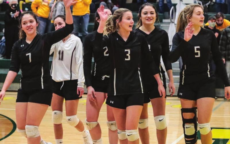 The Timber Lake volleyballers wave goodbye to the crowd following their final match of the season last Tuesday in the SoDak 16 round in Mellette. Northwestern defeated TLHS to advance to the state tournament. Photos by Robert Slocum