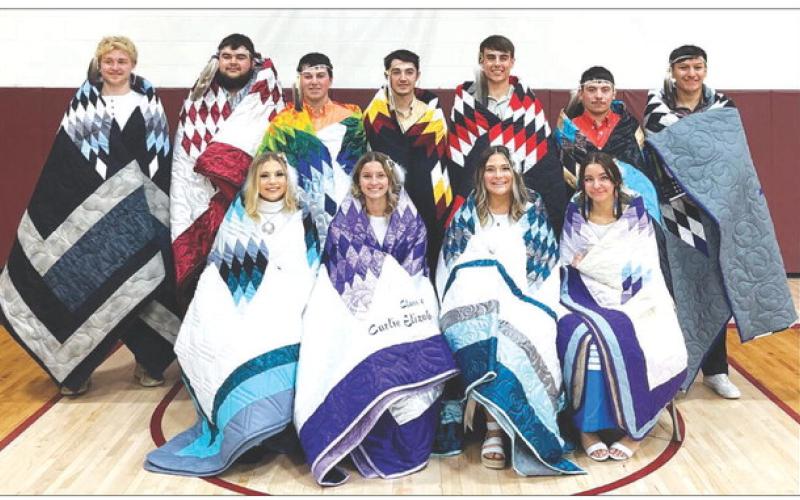 HONORED SENIORS. FRONT (L-R): Harlee Hulm, Carlie Lawrence, Kenna Webb, Natalie Gross; BACK: Brady Sandquist, Dawson Jewett, Konor Lindskov, Caleb Bieber, Wylee Keller, Slater Ducheneaux, Isaiah Ducheneaux.