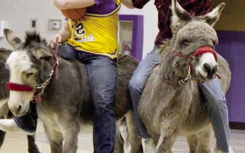 Dupree School player Roper Eaton (left) tries to protect the ball as Cruz Birkeland, playing for the Farmers &amp;amp; Ranchers team, attempts to steal it while staying atop his donkey during Donkey Basketball sponsored by the Dupree Booster Club last Thursday, Jan 23. Photo by Patty Peacock