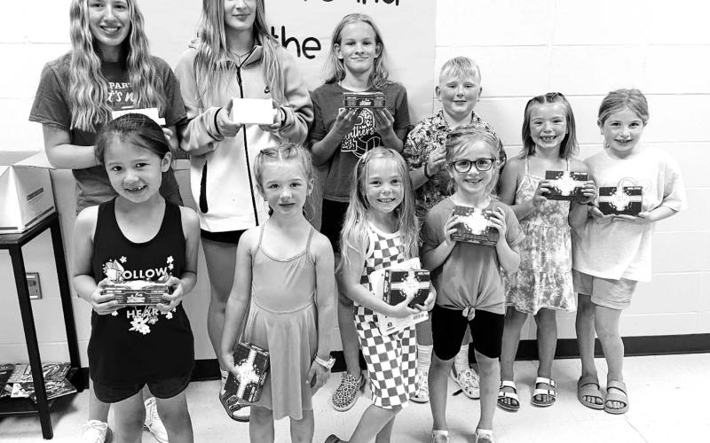 Prize drawing winners who met their Accelerated Reader goals: Front (l-r): Blakely Brown Otter, Lakyn Lindskov, Charlie Long, Elsie Maher, Brie Parker, Rose Maher; Back (l-r): Kamee Mareska, Jaycie Lemburg, Brynn Lemburg, Isaac Schweitzer.