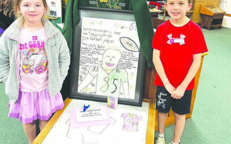 Timber Lake first graders Lakyn Lindskov and Bryson Long were given an assignment to make a poster about a famous person. They chose Green Bay Packers tight end Tucker Kraft. Their poster was first displayed at school and then they loaned it to the Timber Lake Museum for the Tucker Kraft exhibit. Topic photo/Kathy Nelson