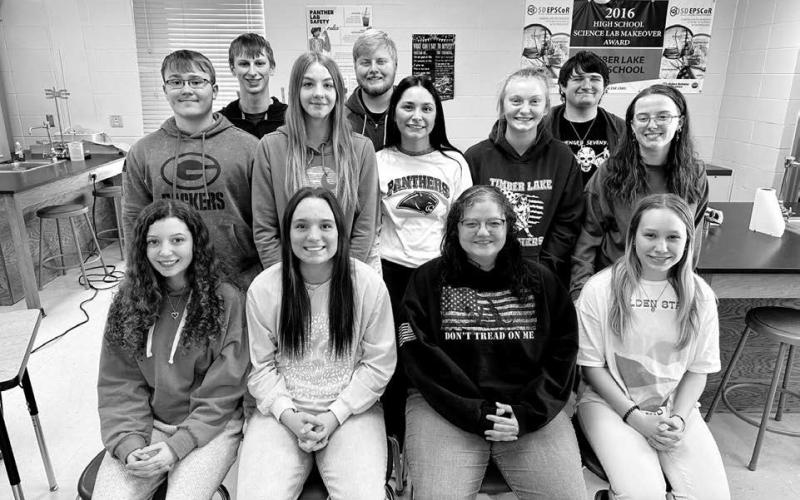 Thirteen Timber Lake High School students won awards at the annual High Plains Regional Science Fair last week. Projects were presented by Zoom. FRONT (l-r) Arianna Bieber, Kiya Mowrer, Molly Miller, Peyton Keller; MIDDLE: Gabe Keller, Gailup Bollinger, Joie LeBeau, Jordan Jones, Maria Scherer; BACK: Holden Gill, Shawn Quinn, Jesse Ridl. NOT PICTURED: Gavin White. Photo by Kathy Nelson