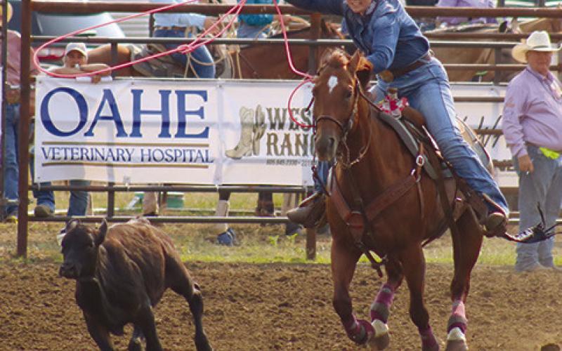 Kailyn Groves of Faith makes her run during ladies breakaway at the 2024 Days of 1910 Rodeo in Timber Lake last weekend. Ladies breakaway roping has become one of the most highlycompetetive and high-paying events in the sport of rodeo. More than 70 ropers entered this year’s Days of 1910 Rodeo. Photo by Jon Flatland