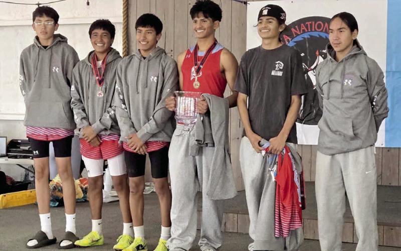 Members of the Cheyenne-Eagle Butte boys cross country team that captured the team championship at this year’s Lakota Nations Invitational are (l-r) Liam Norris, Demetrius Sanchez-Gonzalez, Xavier Sanchez-Gonzalez, Jayden Taken Alive, Jackson Taken Alive, and Gage Bald Eagle. Submitted Photo