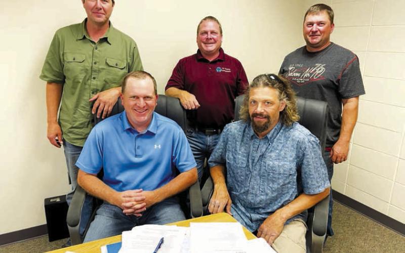 Members of the Timber Lake School Board are (FRONT) L-R: Vicechairman Bryce Lindskov and Chairman Jake Kraft; BACK: Tyrone Kraft, Brandon Heck and Joe Locken. Jake Kraft was unopposed for re-election, and Heck recently replaced Rae O’Leary, who chose not to run for another term. Photo by Kathy Nelson