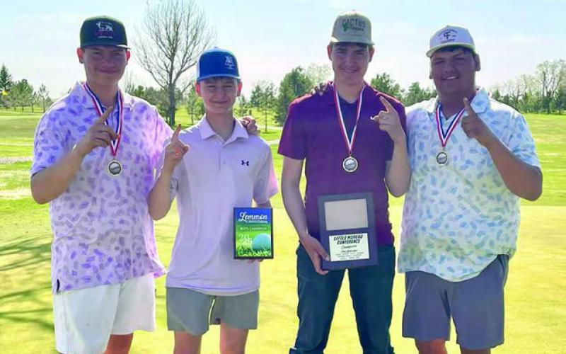 Hayden Thompson, Kruz Lindskov, Kanton Hunt and Hadley Thompson at the Region 6B Golf Meet at the Hart Ranch Golf Club.