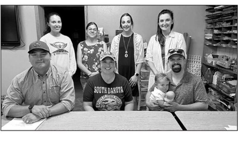 Members of the Timber Lake Day Care Board are (Front) L-R: Fred Vogel (president); Tricia Jones (secretary), J.J. Martin (treasurer) holding daughter Crozbee; (Back) Erin Gimbel (vice-president), Kelsey Goodridge, Sierra Kraft, and Lakota Vogel. NOT PICTURED: Megan O’Leary.