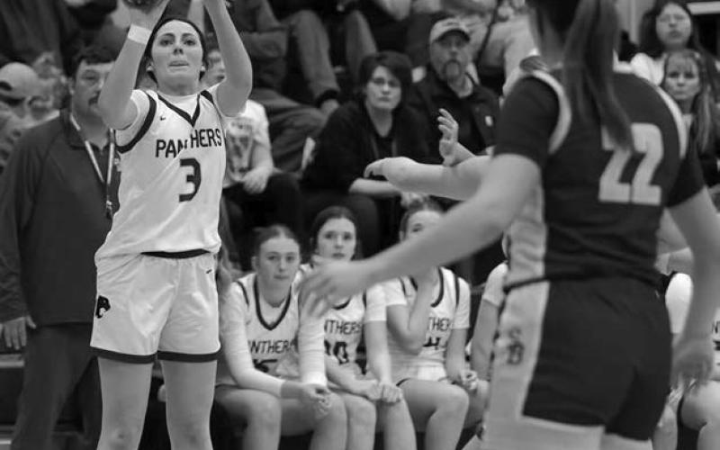 Junior forward Ruby Maher puts up a long jumper during Lady Panther hoops action against Sully Buttes last week. Maher finished with seven points in Timber Lake’s win over the Chargers. Topic Photo/Marie DuPreez