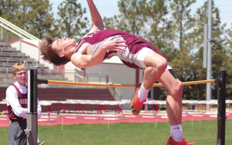 Timber Lake sophomore Gavin Farlee clears the high jump bar during the “last chance” track meet in Timber Lake May 16. Photos by Jon Flatland