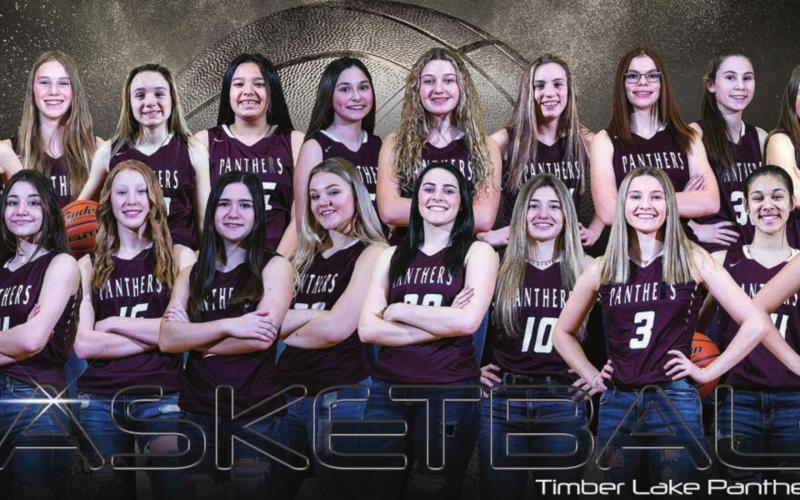 Timber Lake Lady Panthers FRONT (L-R): Tia LeBeau, Natalie Gross, Kendyl Locken, Abby Linderman, Stormi Hulm, Maci Maher, Shay Kraft, Carlie Lawrence, Jasmine Nash, Cassie Carter; BACK: Meredith Maciejewski, Jordan Jones, Averie Marshall, Kiya Mowrer, Kessa Bigger, Joie LeBeau, Madilyn Bieber, Mckenzi Vomacka, Cindy Hoyt, Natalie Lawrence, Kenlea Heck, Halle Kraft.