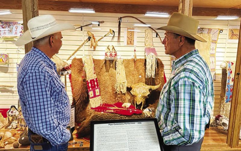 Buck Ward and Jay Jones take a close look at one of the themed sections of the exhibit.