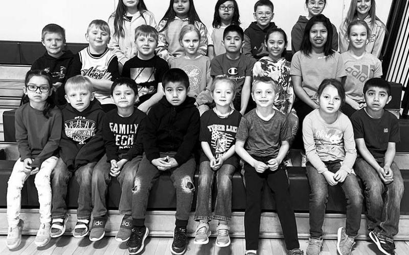 FRONT (L-R): Millie Brown Otter, Lincoln Biegler, Wilson Wiedmer, Leon Shoots the Enemy, Piper Schrempp, Barrett Hermes, Madelyn Pickner, TaRon Rousseau; 2ND ROW (L-R): Kai Pickner, Isaac Schweitzer, Austin Lindskov, Kendyl Gill, JeRon Rousseau, Remi Wiedmer, Oaklee Mutchler, Brynn Lemburg; 3RD ROW (L-R): Kateri Laurenz-Ducheneaux, Marley Ward, Levi Grazier, Karter Lindskov, Addison Swift Hawk, Pazlin Ducheneaux.