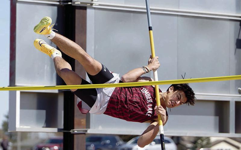 Timber Lake’s Blake Lei has a look of determination on his face as he competes in the pole vault at the Gettysburg Track Invitational last week. Lei finished sixth overall in the event with a mark of 7 feet 6 inches. The Panther track schedule has been disrupted by inclement weather, with a meet set for last Saturday in Lemmon cancelled due to high winds and cold temperatures. Topic Photo/Marie DuPreez