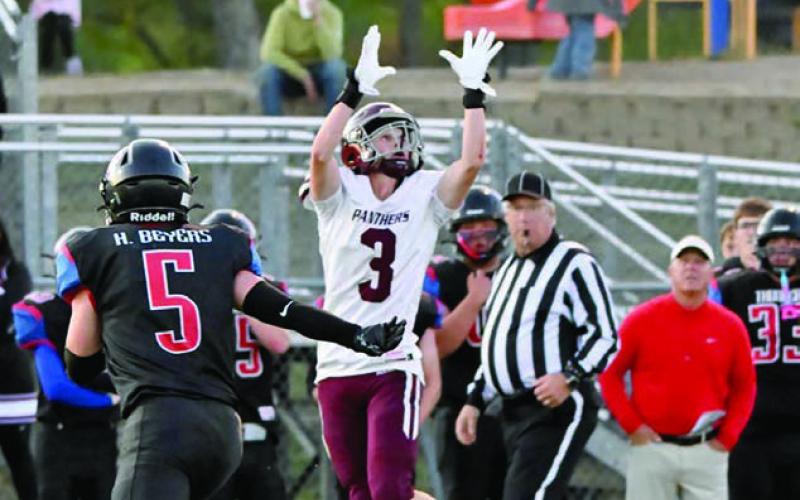 Senior wide receiver Holden Gill (3) goes up to catch a pass during recent Timber Lake Panther football action. The 1-3 Panthers will take on 3-2 Harding County/Bison on Friday, Sept. 26.m Photo by Marie Du Preez