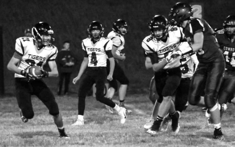 Dupree senior Cinch Hebb (21) runs with the ball against the Lemmon/McIntosh Cowboys on Friday in McIntosh as teammates Treg Thorstensn (4) and Tyler Stambach (8) look on.