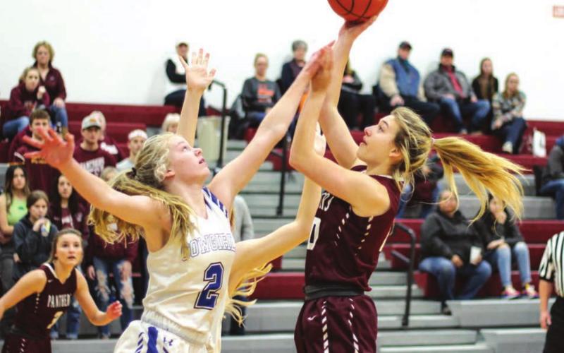 Timber Lake sophomore Shay Kraft puts up a shot against Lemmon’s Allie Kohn during their Little Moreau Conference tournament game in Faith on Saturday. Photos by Jon Flatland