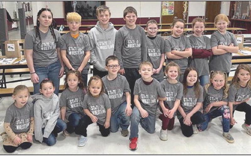 Timber Lake youth wrestlers competing at the State SDWCA Tournament included (back, l-r) Selena Longbrake, Shayde Curley, Keaton Jones, Brody Kraft, Stella Nilson, Cassidy Winterberg, Elizabeth Keller, Gwendolyn Goldade; (front, l-r) Remington Aberle, Ramzi Veit, Addisyn Curley, Hazel Spiel, Lincoln Aberle, Ryder Spiel, Rowan Maher, Zoey Spiel, Lyllian Tesch, Harper O’Leary. Not pictured TK Paxton.