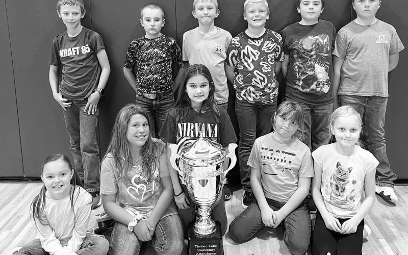Mary Lawrence’s class won the attendance trophy for October. FRONT (L-R): Zoey Spiel, Naomi Goldade, Ada O’Leary, Cece Muller, Kendyl Gill; BACK (L-R): Gus Anderson, Camden Goldade, Shane Locken, Eli Zeug, Andrew O’Bryan, Austin Lindskov. Not Pictured: Angelo Jewett.