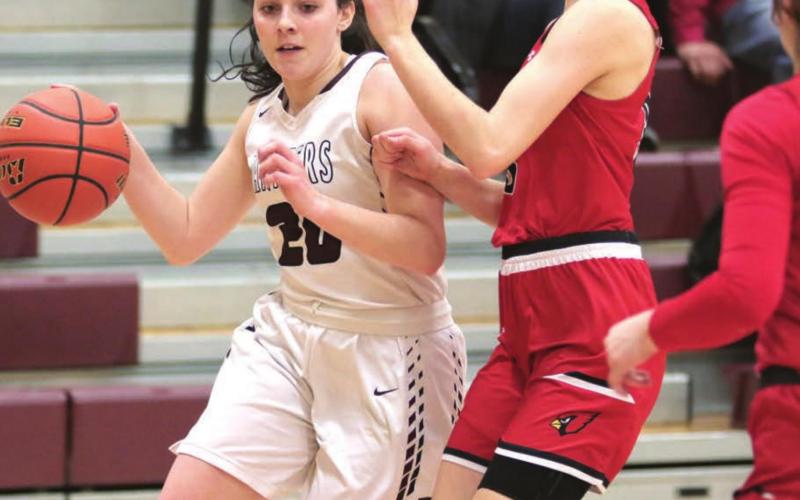 Timber Lake senior Maci Maher tries to dribble past Bison’s Alexia Donavan during their Region 8B playoff game last week in Timber Lake. The Cardinals shocked the favored Panthers and advanced to the SoDak 16 round. Photo by Jon Flatland