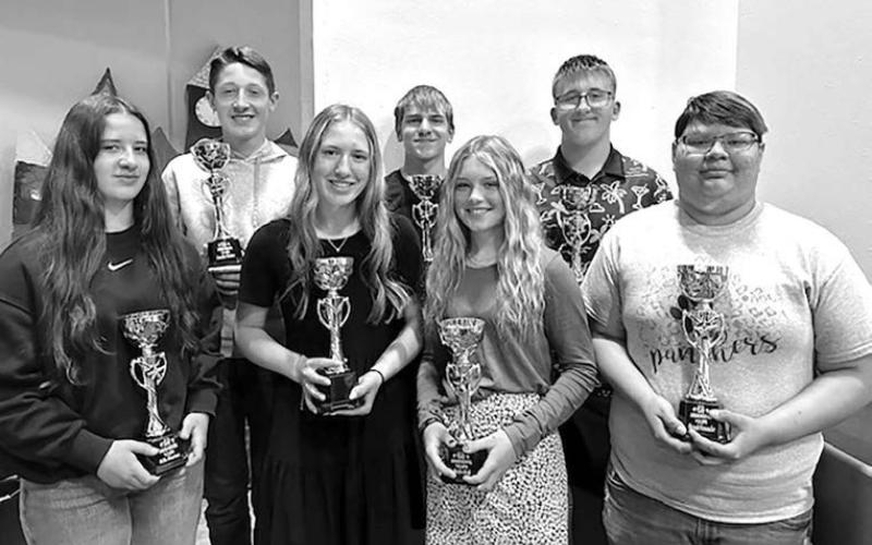 Freshmen top scholars recognized for achieving a 4.0 (A) average for the entire year are (l-r) are Mila Mowrer, Landen Bieber, Kamee Mareska, Preston Maciejewski, Korbi Heck, Evan Schweitzer, and Nevaeh Fernandez.
