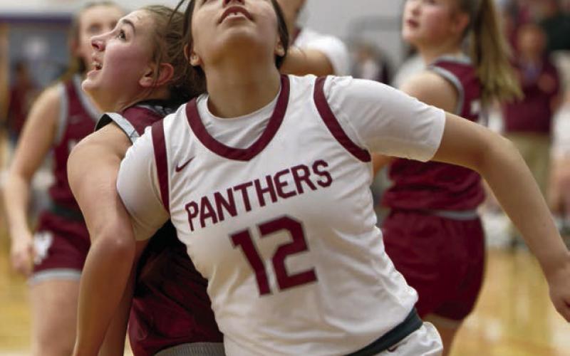 Timber Lake senior Kessa Bigger (12) boxes out an unidentified Newell defender while positioning for a rebound during recent girls hoops action. The Lady Panthers hosted Dupree on Tuesday, Feb. 4, and will welcome undefeated Harding County to town on Thursday, Feb. 6 as part of a boys-girls doubleheader. Photo by Marie DuPreez