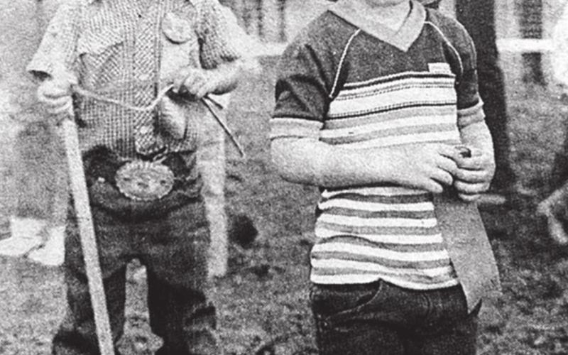 Stick horse barrel racers at the 1982 Days of 1910 Rodeo — Harold Hulm and Cody Maher. (From the Timber Lake Topic, August 5, 1982)