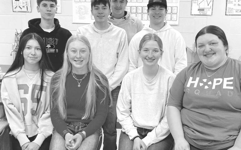 Pictured are: FRONT (l-r): Amanda Red Bear, Talley Locken, Paislee Keller, and Anna Kraft; BACK: Braden Lawrence, Sidney Morgan, Kanton Hunt, and Blaise Lei.