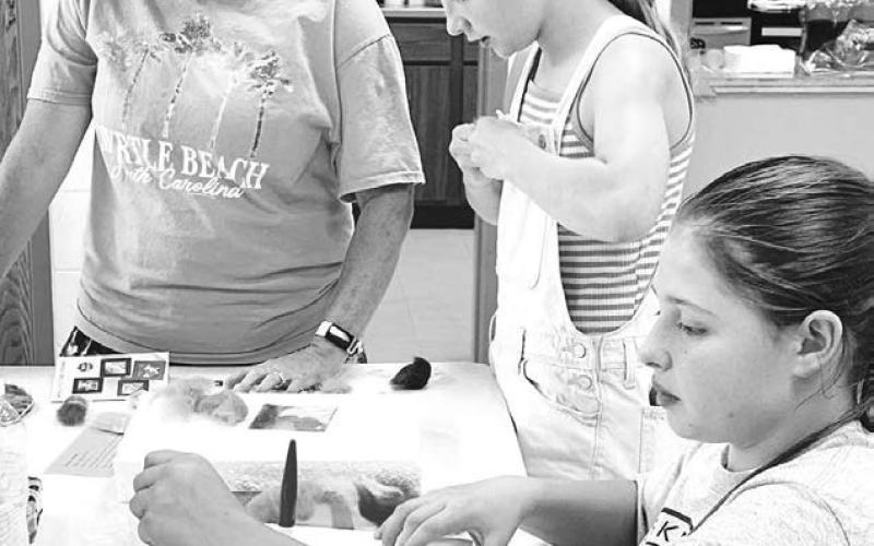 (L-R): Chasity Biegler instructs Sophia Gross and Finley Boldt at Project Day.