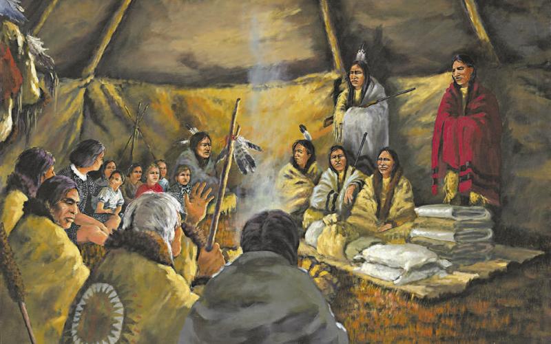 This painting, “Negotiating the Release,” by Lakota artist Del Iron Cloud, was commissioned by Dr. Paul Carpenter in 1997. It depicts the Fool Soldiers (right) negotiating with Chief White Lodge for the release of white women and children he took captive during the 1862 conflict in Minnesota. Proceeds from the sale of prints continue to support scholarships for descendants of the Fool Soldiers. The painting is one of the scenes in the Sea of Grass exhibit at the Timber Lake Museum.
